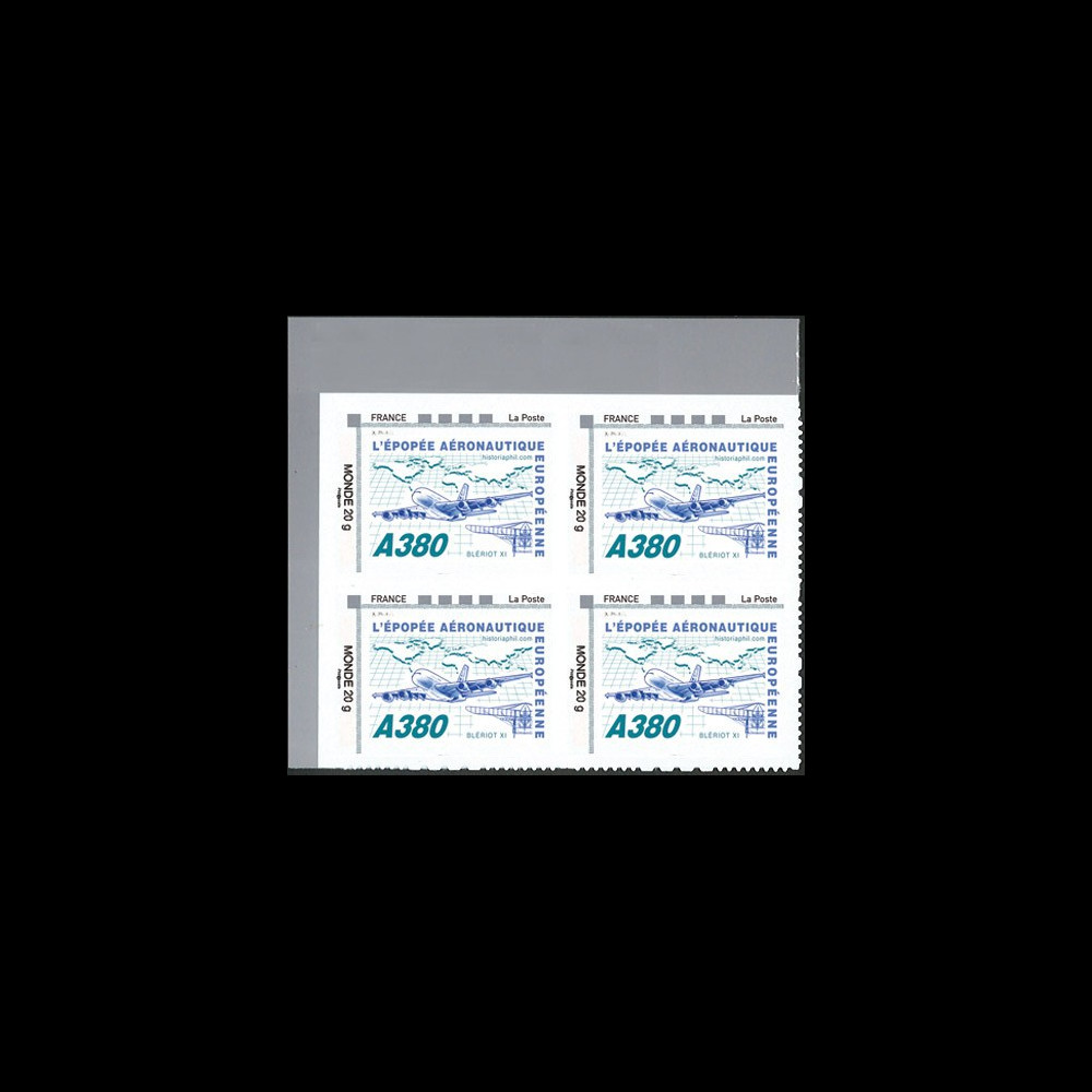 A380-129N1B4 : Bloc 4 val. TPP Monde 20g "Blériot XI - A380 volant vers l'Afrique" cadre 'FRANCE - La Poste' à gauche