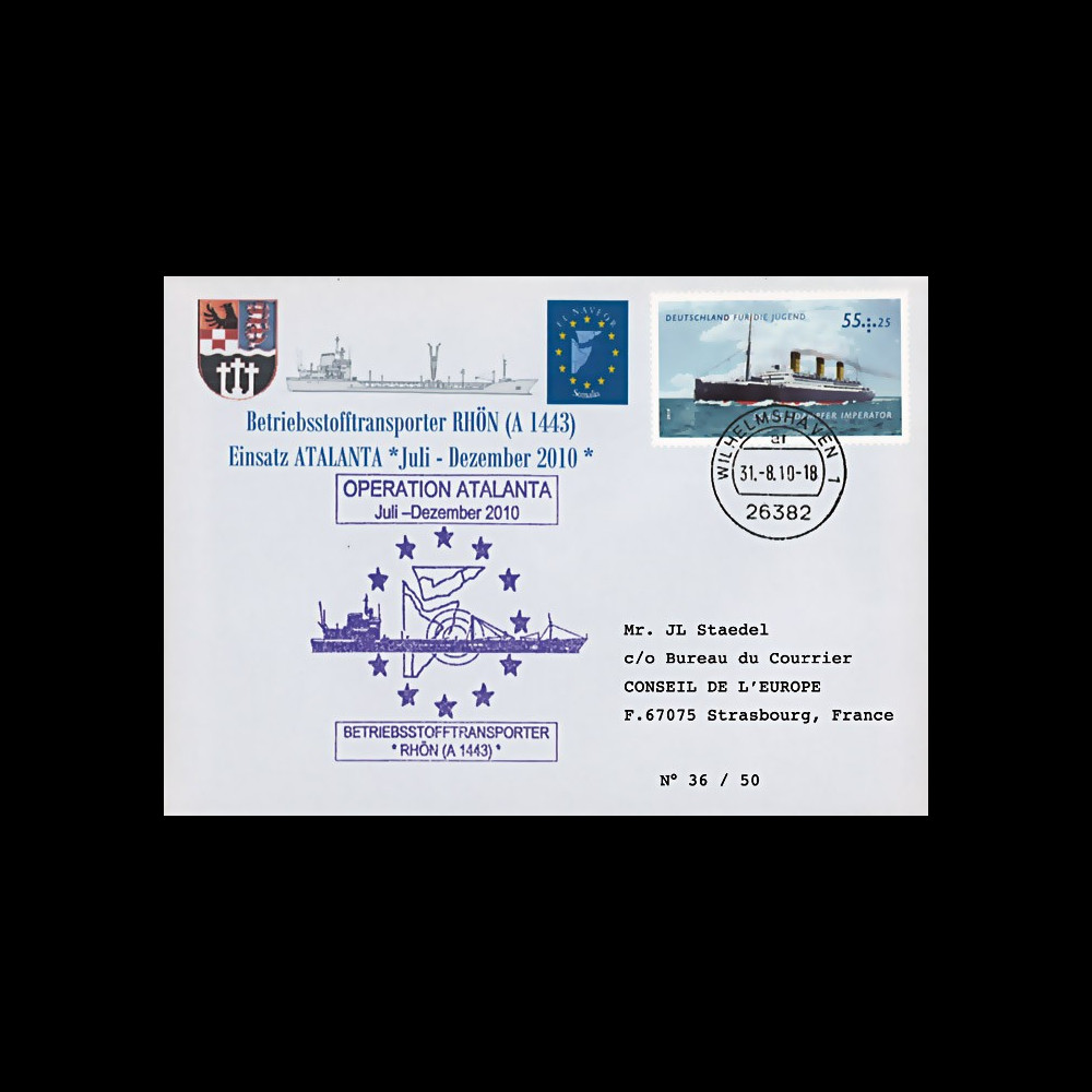ATALANTA-1 : 2010 - FDC Allemagne "Opération ATALANTE-Somalie - pétrolier A 1443 RHÖN" ATALANTA-1 : 2010 - FDC Allemagne "Opération ATALANTE-Somalie - pétrolier A 1443 RHÖN"