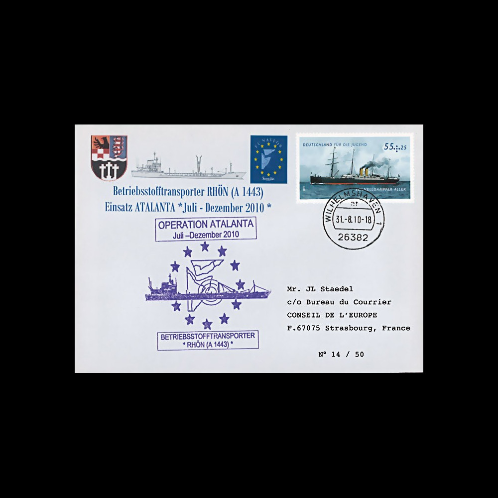 ATALANTA-2 : 2010 - FDC Allemagne "Opération ATALANTE-Somalie - pétrolier A 1443 RHÖN" ATALANTA-2 : 2010 - FDC Allemagne "Opération ATALANTE-Somalie - pétrolier A 1443 RHÖN"