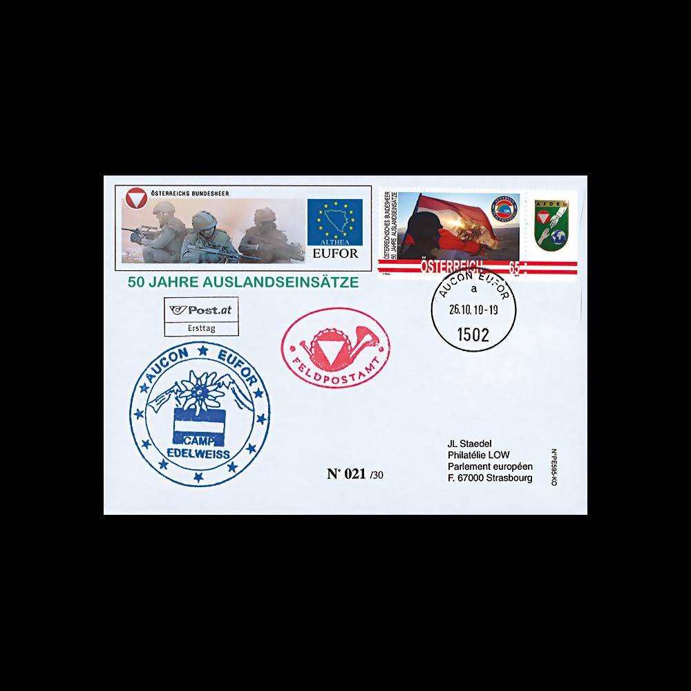 EUFOR10-1 : 2010 FDC Autriche AUCON-EUFOR "50 ans d’engagement militaire à l’étranger" EUFOR10-1 : 2010 FDC Autriche AUCON-EUFOR "50 ans d’engagement militaire à l’étranger"