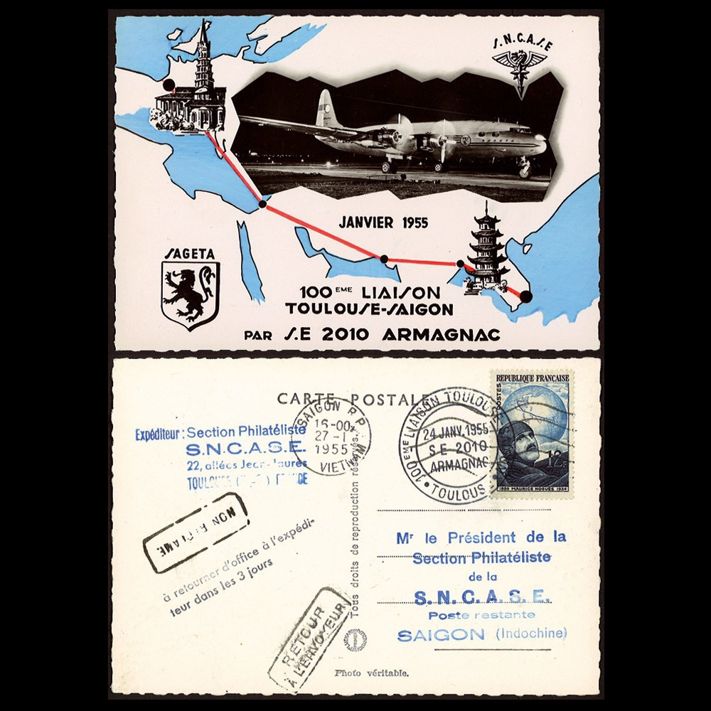 13AV-21 : CP aérophilatélique "100e Liaison Toulouse-Saïgon par SE-2010 ARMAGNAC