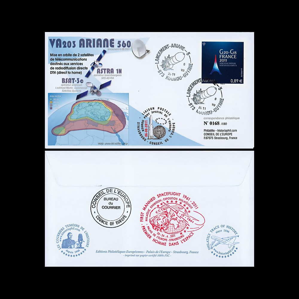 VA203L-T2 : 2011 - FDC Kourou "Vol 203 Ariane - Sat. ASTRA-1N & BSAT-3c" (TYPE 2)