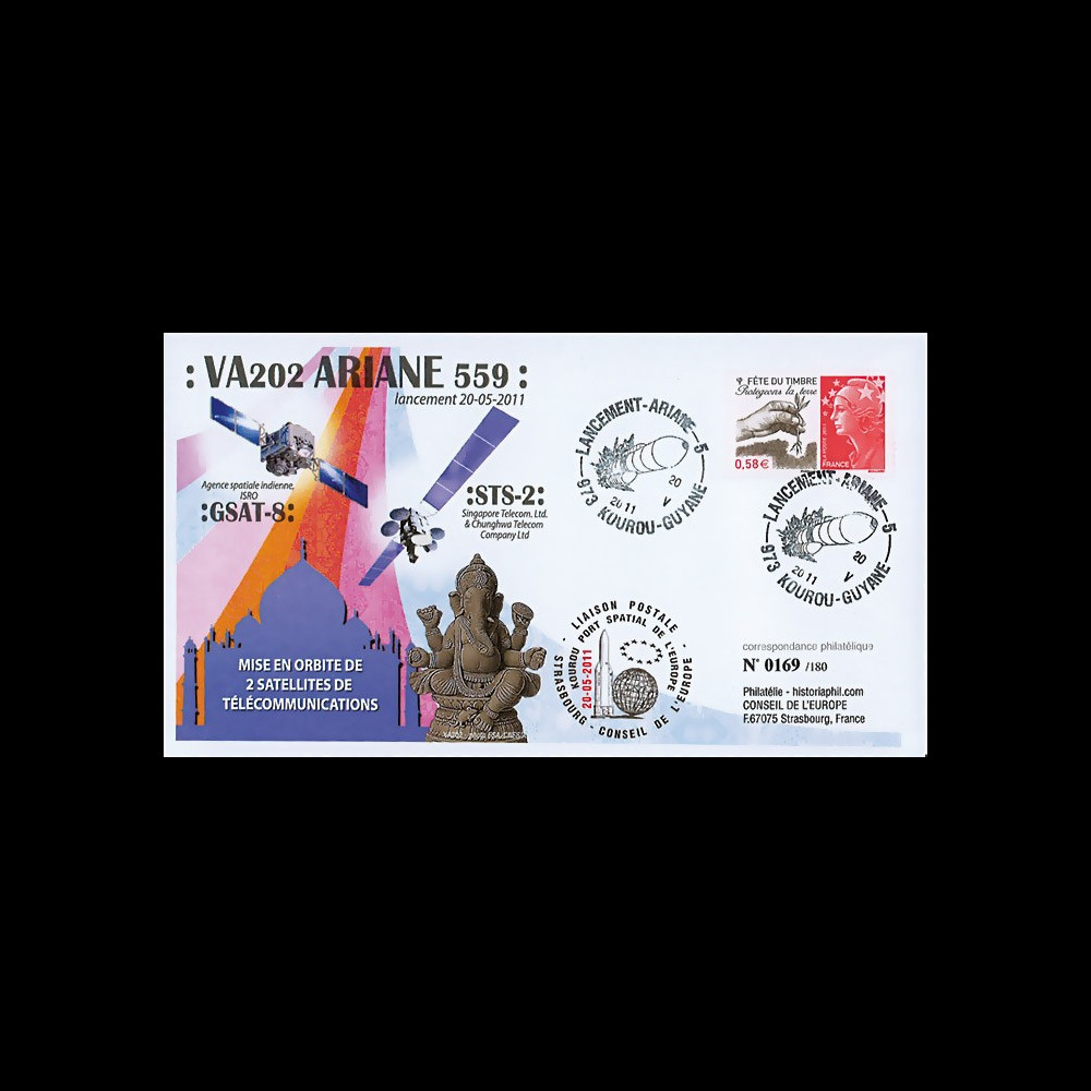 VA202L-T2 : 2011 - FDC Kourou "Vol 202 Ariane - Sat. GSAT-8 & STS-2" (TYPE 2)