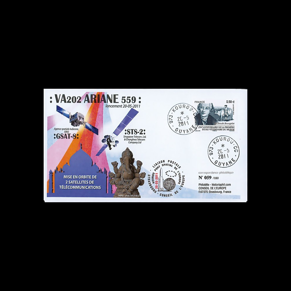 VA202L-T1 : 2011 - FDC Kourou "Vol 202 Ariane - Sat. GSAT-8 & STS-2" (TYPE 1)