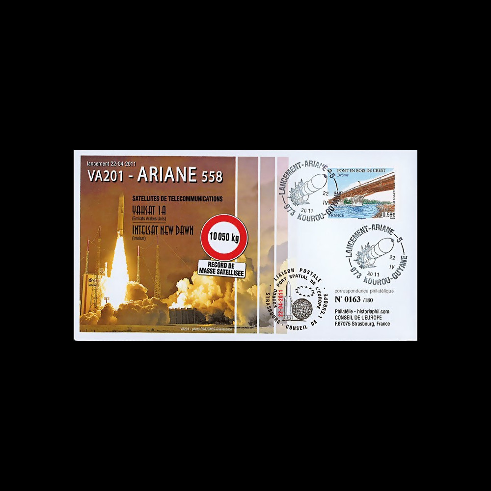 VA201L-T2 : 2011 - FDC Kourou "Vol 201 Ariane - Sat. YAHSAT-1A & INTELSAT NEW DAWN" (TYPE 2)