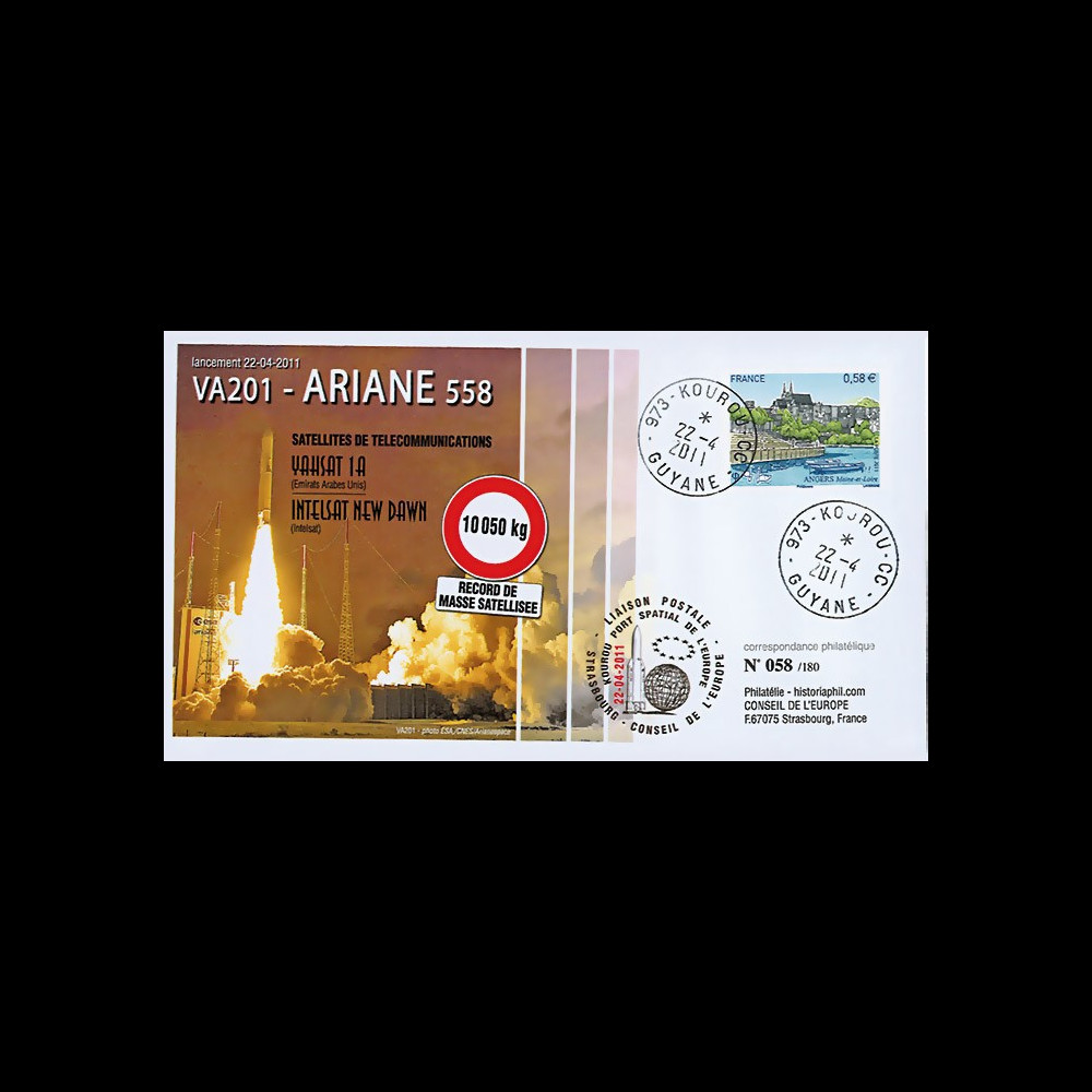 VA201L-T1 : 2011 - FDC Kourou "Vol 201 Ariane - Sat. YAHSAT-1A & INTELSAT NEW DAWN" (TYPE 1)