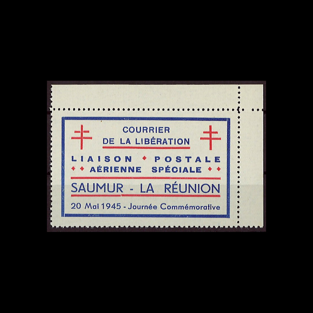 W2-LIB0153 : 1945 - Vignette Poste Aérienne "Courrier Libération Saumur - La Réunion"
