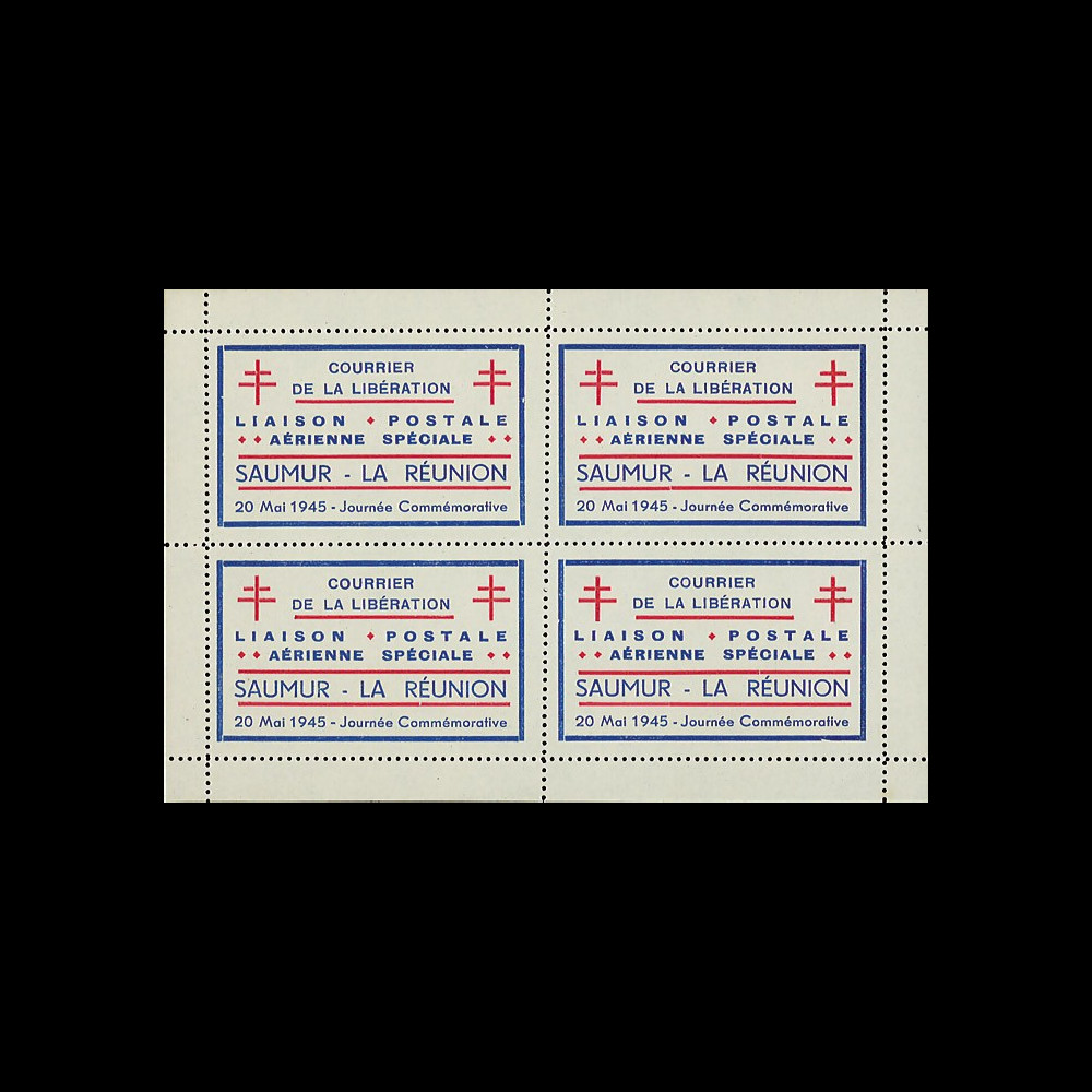 W2-LIB0154 : 1945 - Bloc 4 Vignettes Poste Aérienne "Courrier Libération Saumur - La Réunion"