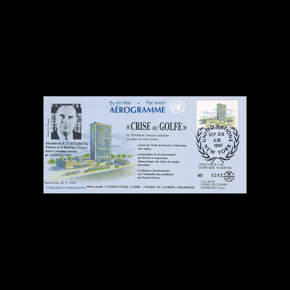 IK4 : 1990 - FDC USA "CRISE DU GOLFE / Nations Unies - M. MITTERRAND