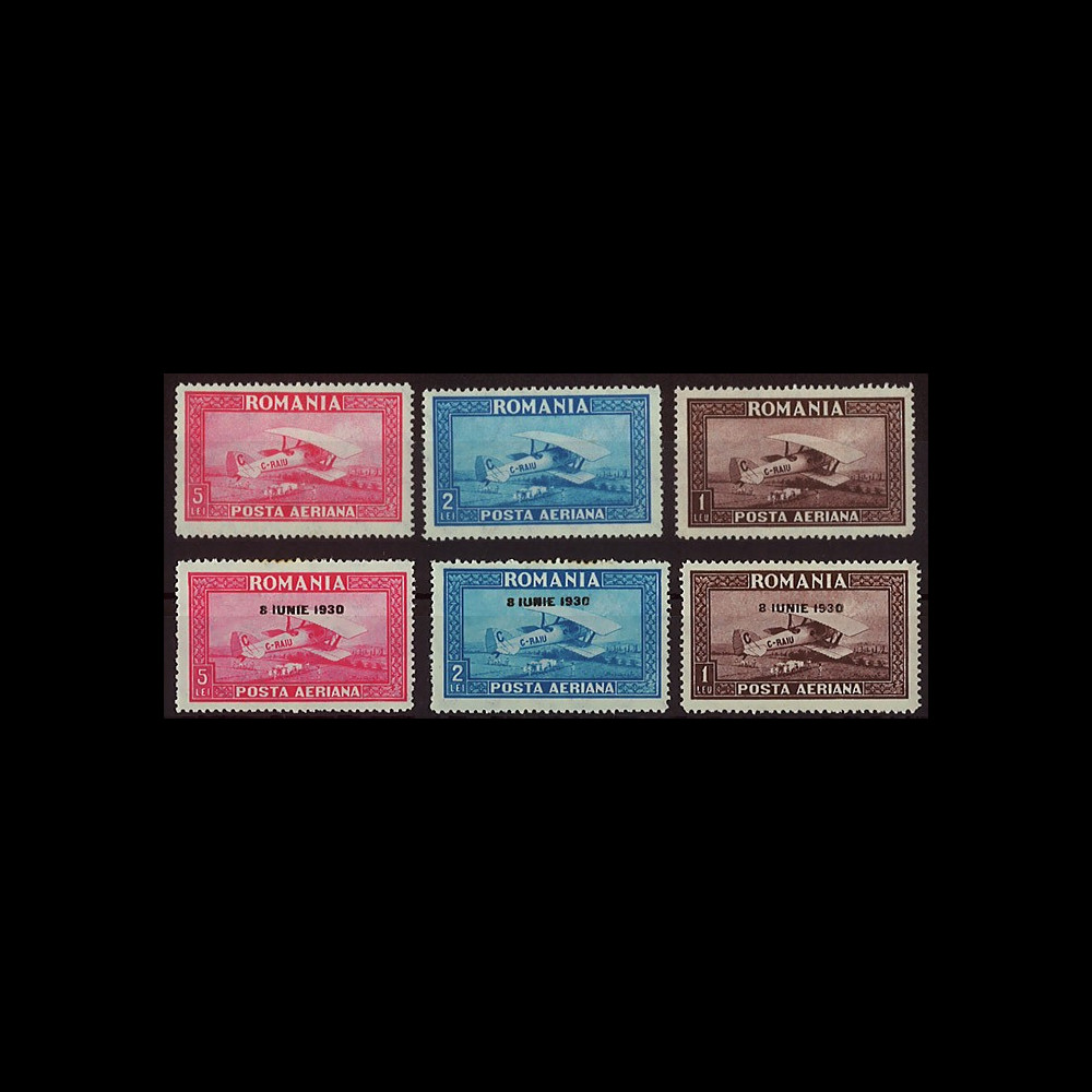 AV-0104 : ROUMANIE Série 6 Timbres Poste Aérienne 1928/30 "Avion" (YT 1B/6B)