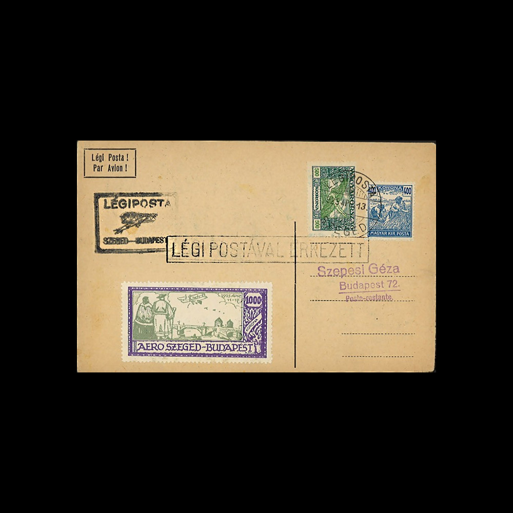 AV-0118 : 1925 - Carte spéciale HONGRIE à bord "1er Vol Postal Szeged-Budapest"
