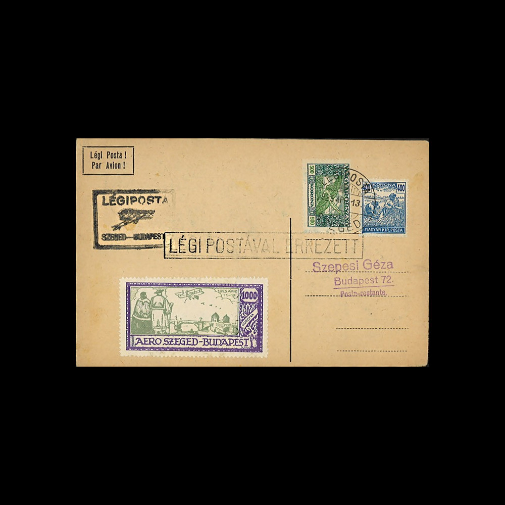 AV-0118 : 1925 - Carte spéciale HONGRIE à bord "1er Vol Postal Szeged-Budapest" AV-0118 : 1925 - Carte spéciale HONGRIE à bord "1er Vol Postal Szeged-Budapest"