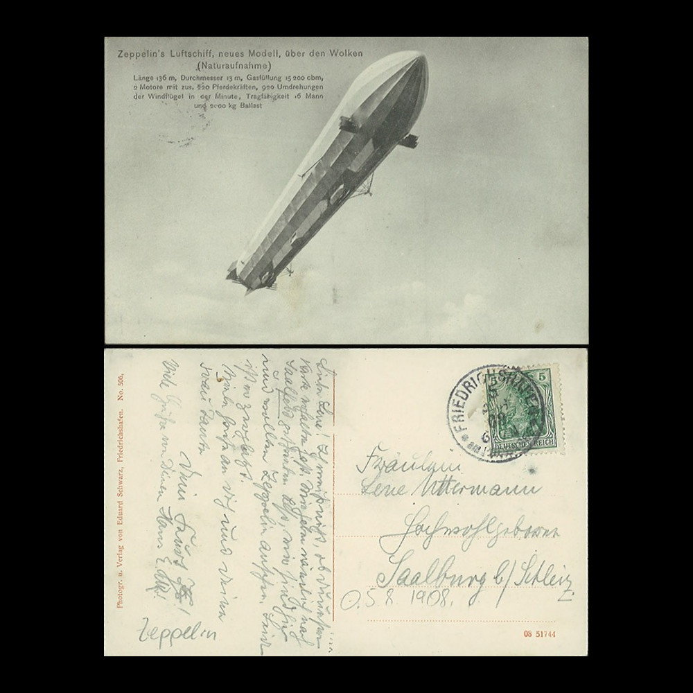 ZP-0102 : 1908 - CP ALLEMAGNE "Nouveau Dirigeable Zeppelin LZ4 dans le ciel" ZP-0102 : 1908 - CP ALLEMAGNE "Nouveau Dirigeable Zeppelin LZ4 dans le ciel"