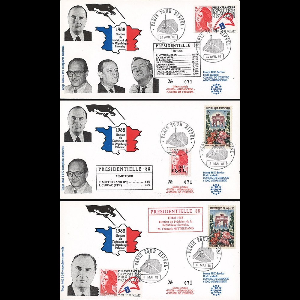 PRES88-1/3 : 1988 - Série de 3 FDC "Présidentielle 1988 - réelection de F. Mitterrand" PRES88-1/3 : 1988 - Série de 3 FDC "Présidentielle 1988 - réelection de F. Mitterrand"