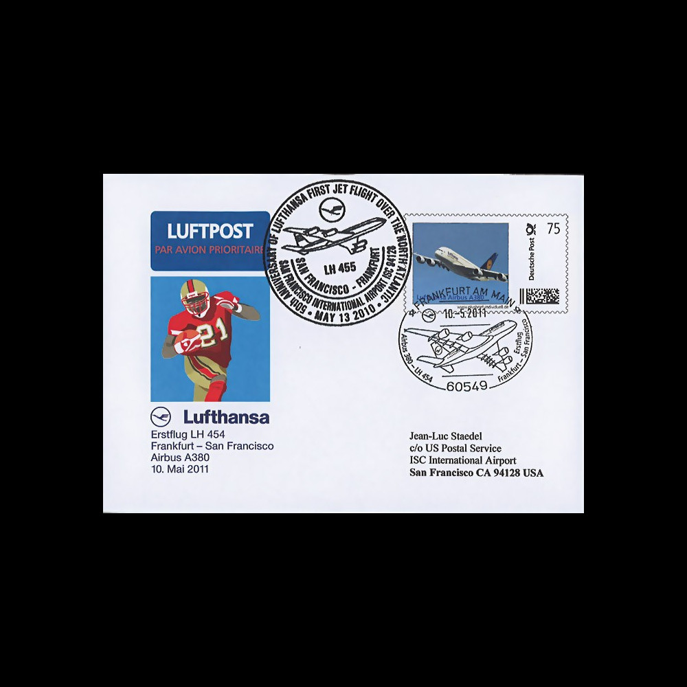 A380-143 : 2011 FFC ALLEMAGNE "1er vol régulier A380 Lufthansa Frankfurt-San Francisco"