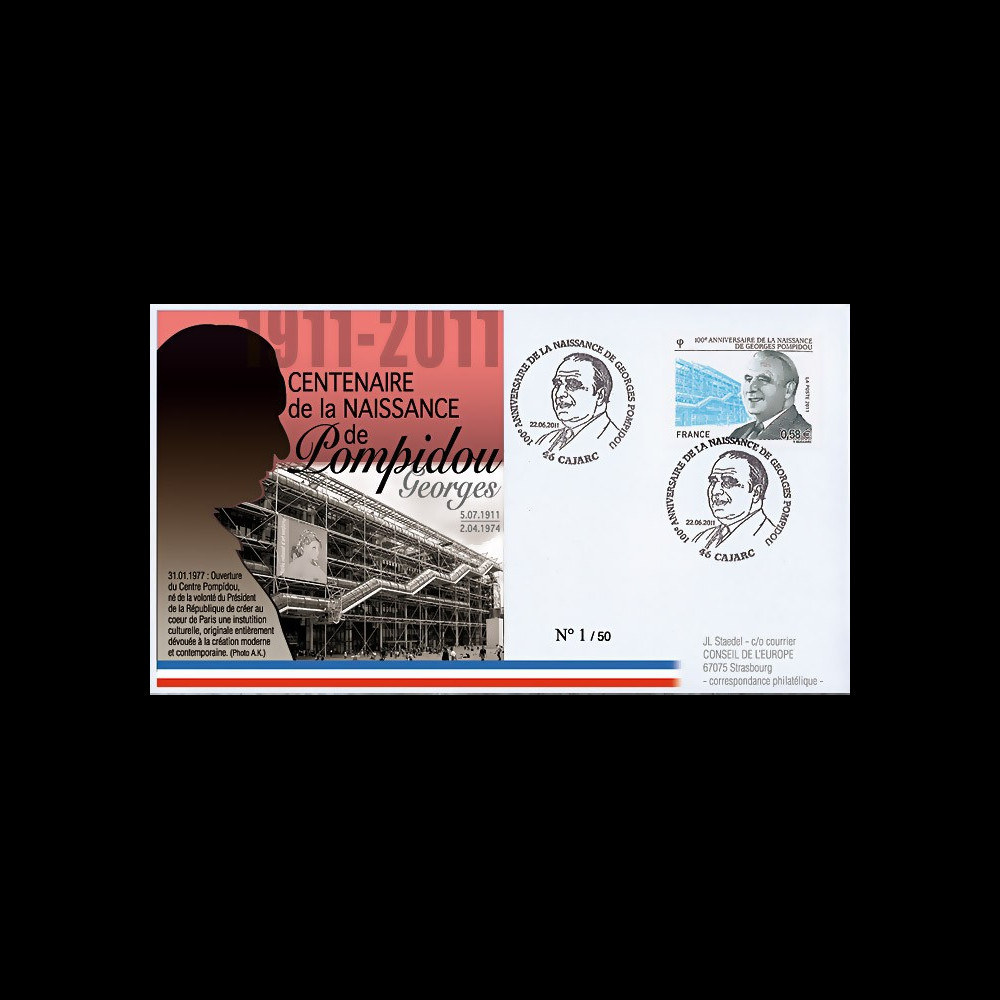 POMP11-2 : 2011 - FDC FRANCE "Centenaire de naissance de Georges Pompidou" Cajarc POMP11-2 : 2011 - FDC FRANCE "Centenaire de naissance de Georges Pompidou" Cajarc