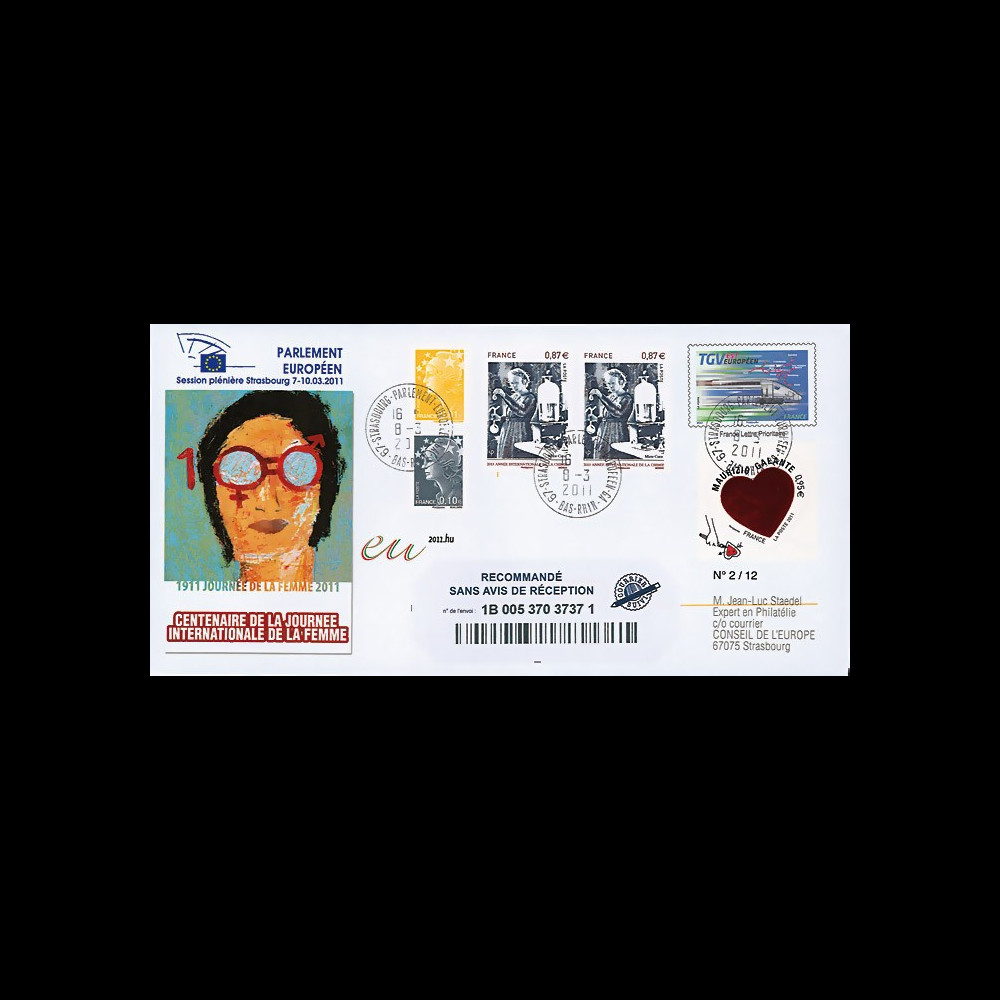 PE601a : 2011 - FDC Recommandée Parlement européen "Centenaire Journée de la Femme"