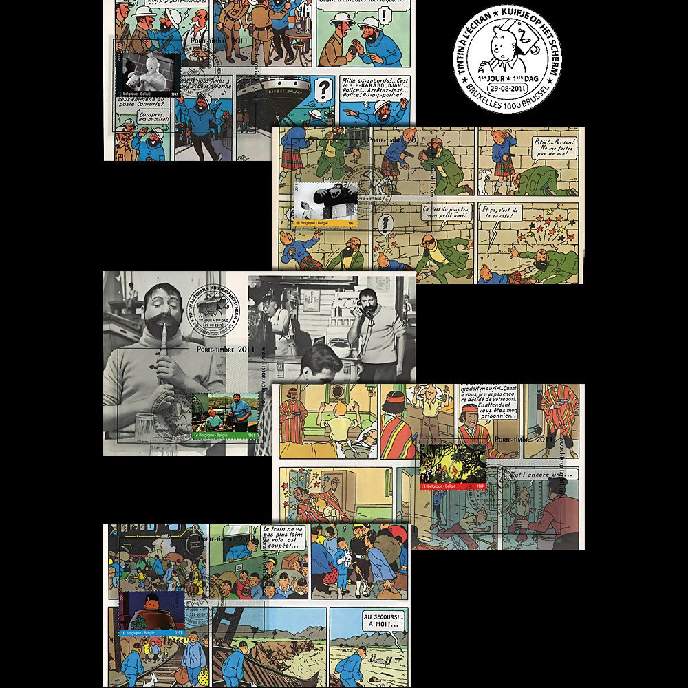 TIN11-COL1-T6 : 2011 - 5 FDC BELGIQUE "TINTIN à L'ECRAN" oblit. Premier Jour "Bruxelles"