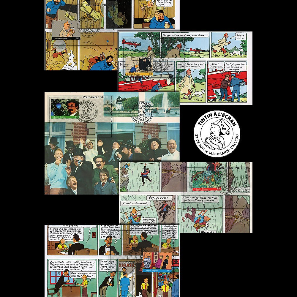 TIN11-COL2-T7 : 2011 - 5 FDC BELGIQUE "TINTIN à L'ECRAN" oblit Prévente "Braine-L'Alleud"