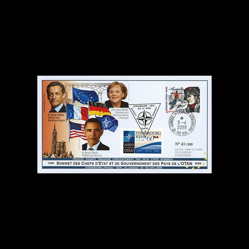 OTAN09-2T2 : 2009 - FDC "60e Sommet OTAN Strasbourg-Kehl / SARKOZY - OBAMA - MERKEL"