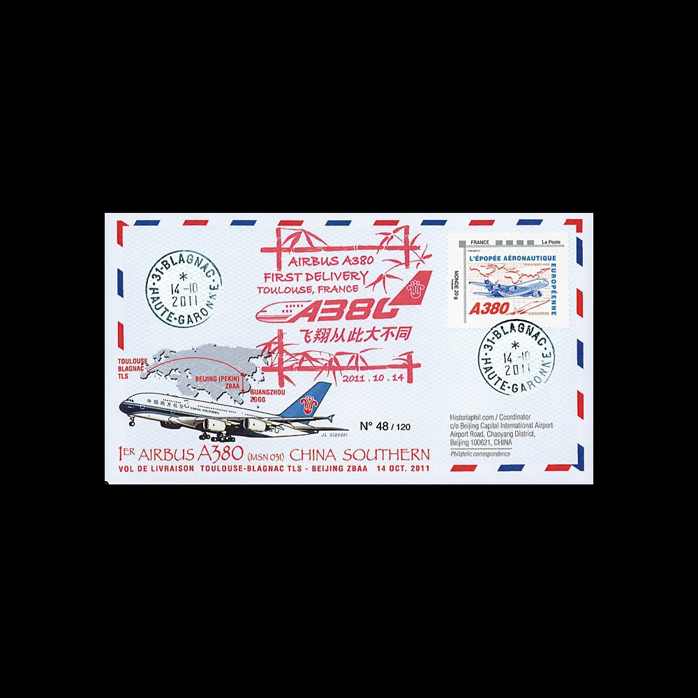 A380-151 : 2011 - FFC (Pli) Toulouse-Pékin "Livraison du 1er A380 China Southern Airlines"