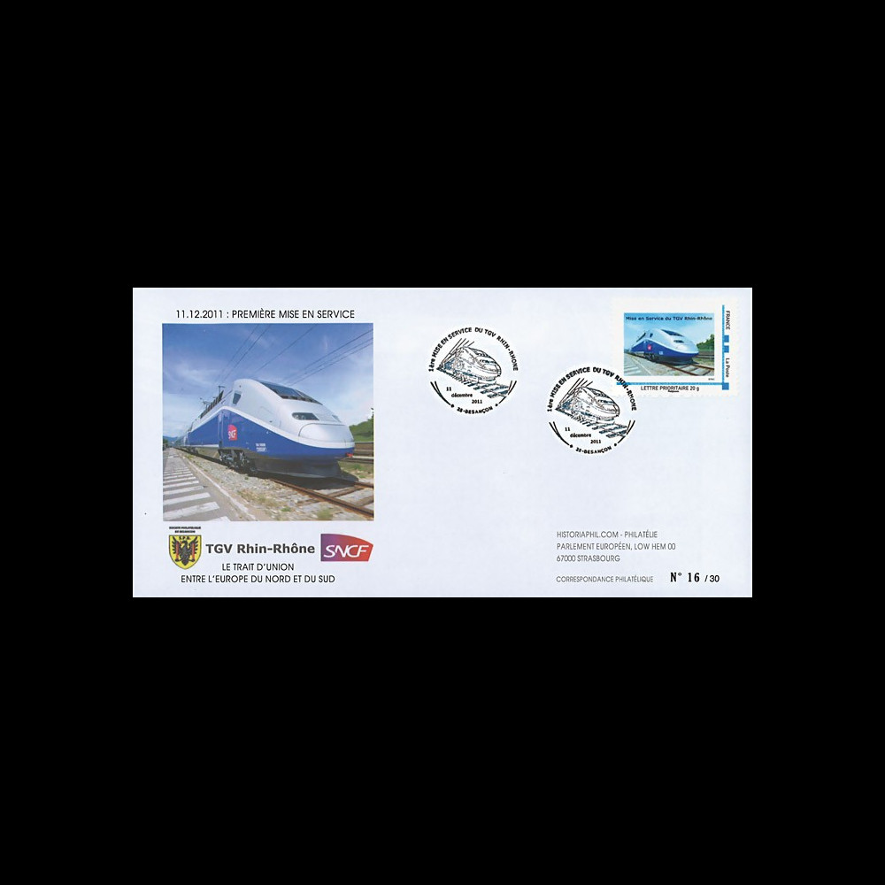TGV11-2B : 2011 - FDC "1ère Mise en Service TGV Rhin-Rhône - TGV 2N2 Euroduplex"