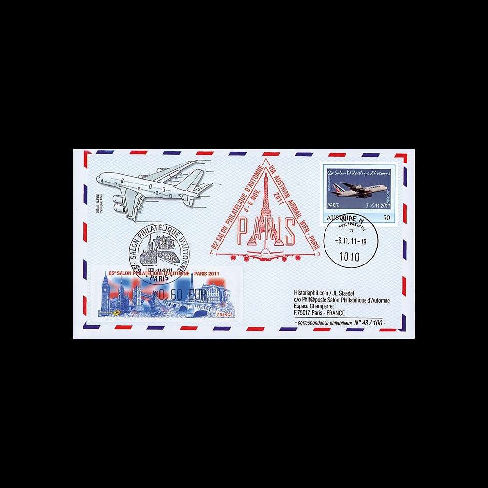 A380-159T2 : 2011 - FFC "Vol 65e Salon Philatélique d'Automne - A380 - Austrian Airlines"