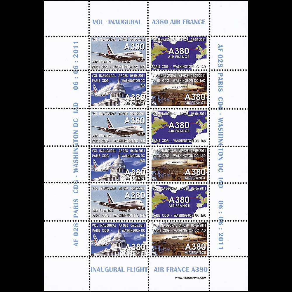 A380-133FD : 2011 - Feuillet 12 vignettes "Airbus A380 Air France - 1er Vol AF028 Paris-Washington"