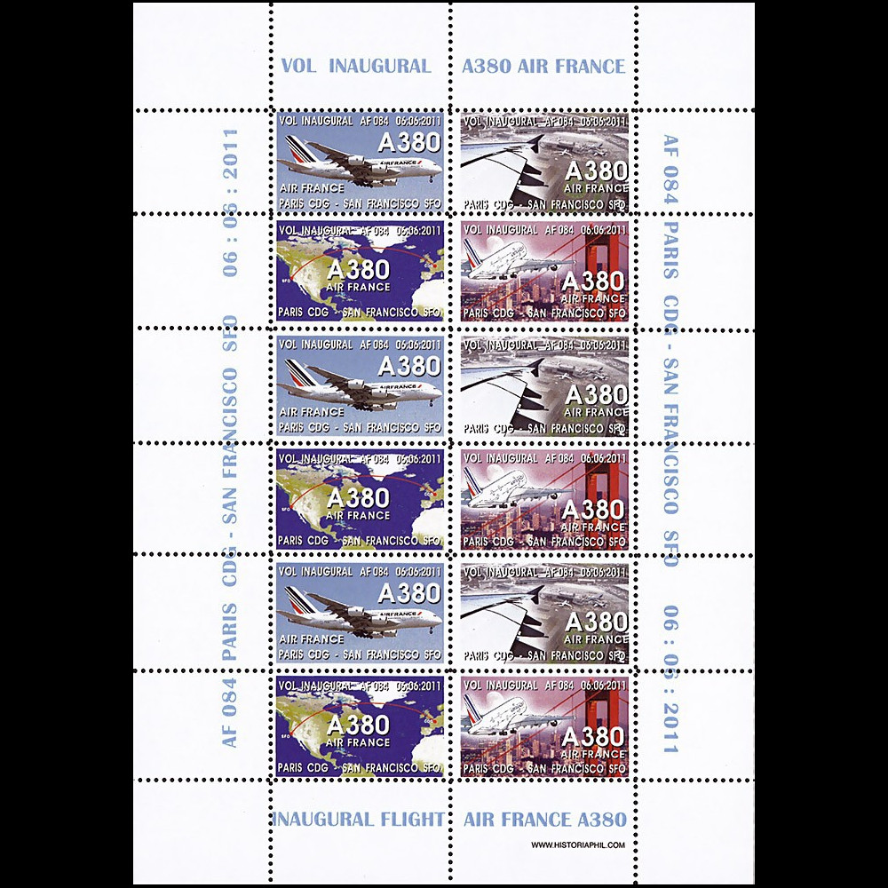 A380-135FD : 2011 - Feuillet 12 vignettes "A380 Air France - 1er Vol Paris-San Francisco"