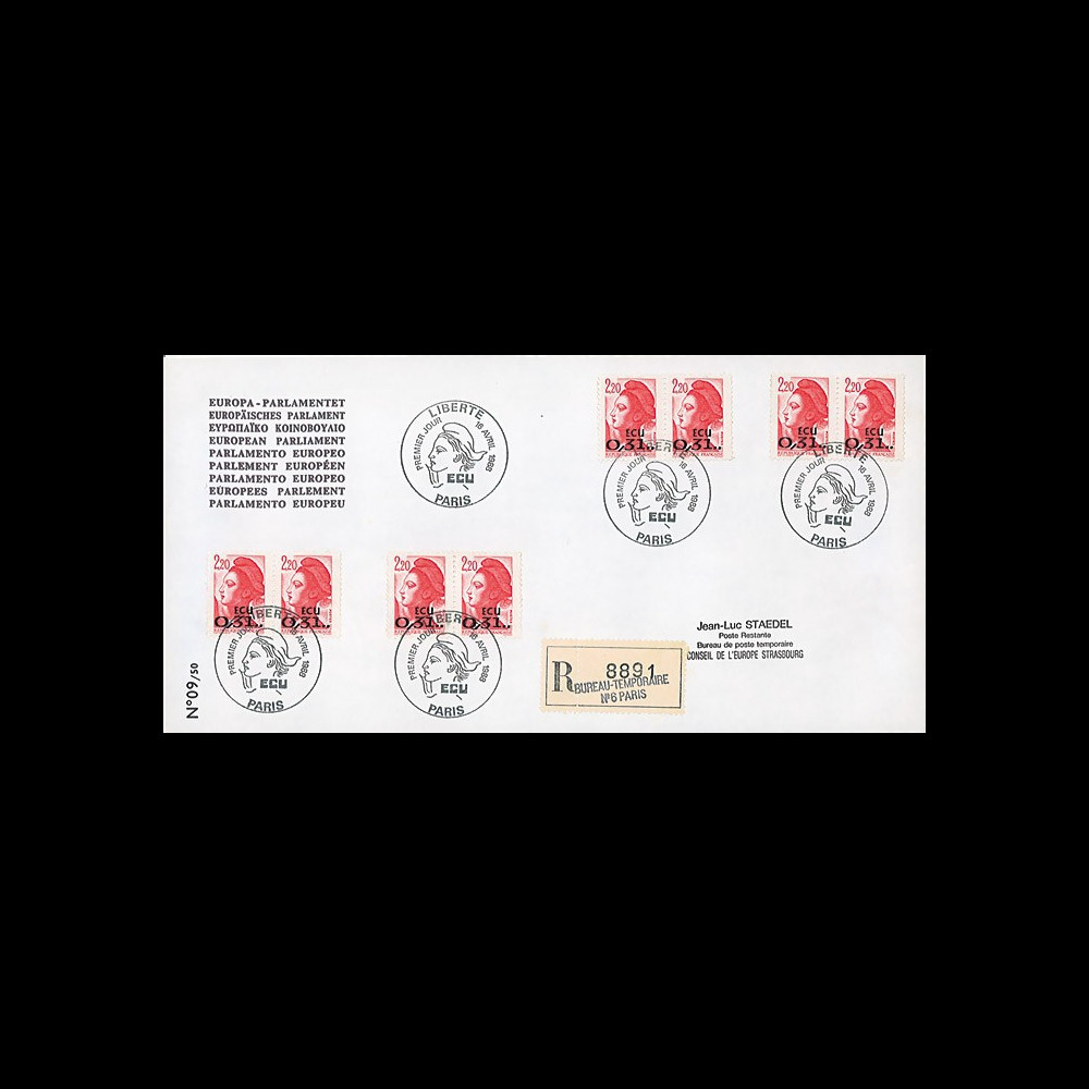 PE163a : 1988 - EO RECO 1er Jour Paris "Premier timbre à valeur faciale en ECU 0