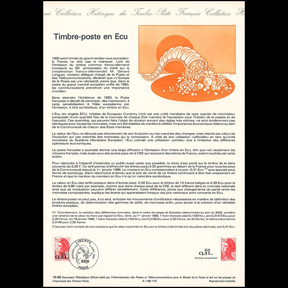 PE163-DOC : 1988 - Document A4 "1er Jour du 1er timbre en ECU surcharge 0