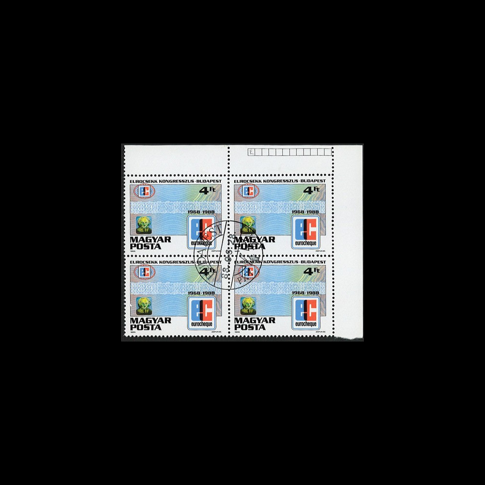 ECU4B4-PJ : 1988 - Hongrie 1er Jour bloc 4 TP "20 ans Eurochèque / Congrès à Budapest"