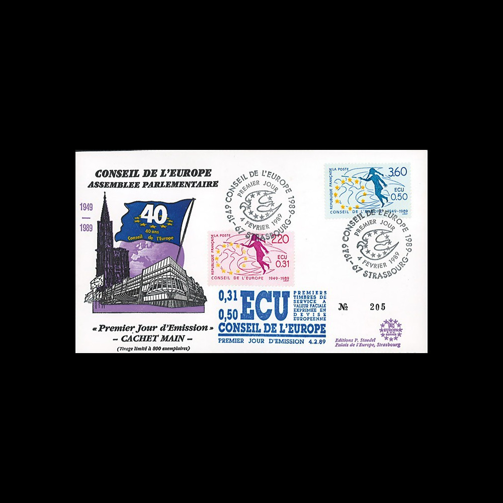 PJ100-101 : 1949-1988 - FDC Conseil de l'Europe "1er Jour des 1ers TP de service en ECU"