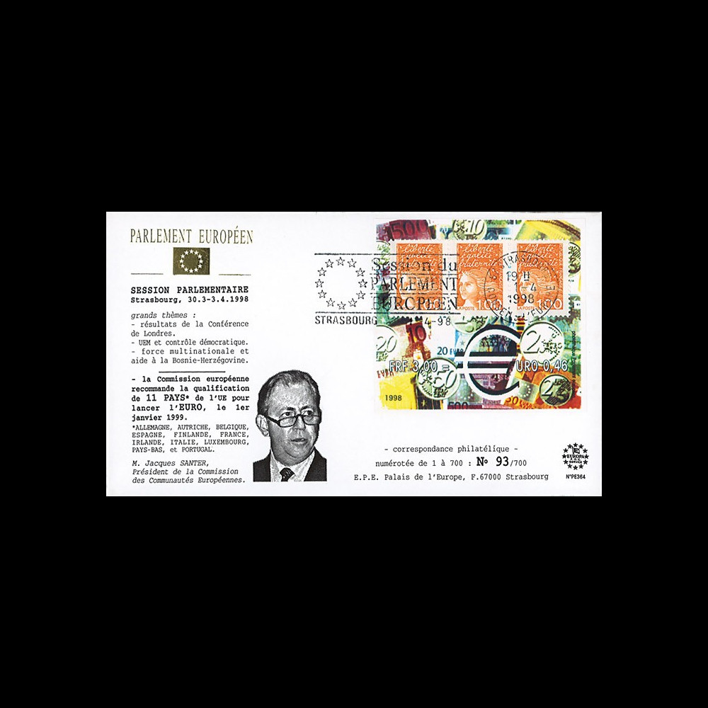 PE364 : 1994 - FDC Session du PE "M. Santer recommande 11 pays pour lancer l'euro"