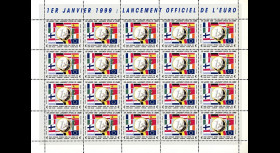 PE378VF : 1999 - Feuille de 20 vignettes dentelées "1-1-1999 lancement officiel de l'EURO"