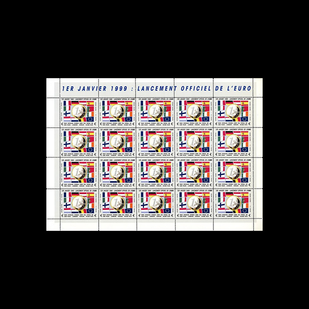 PE378VF : 1999 - Feuille de 20 vignettes dentelées "1-1-1999 lancement officiel de l'EURO"