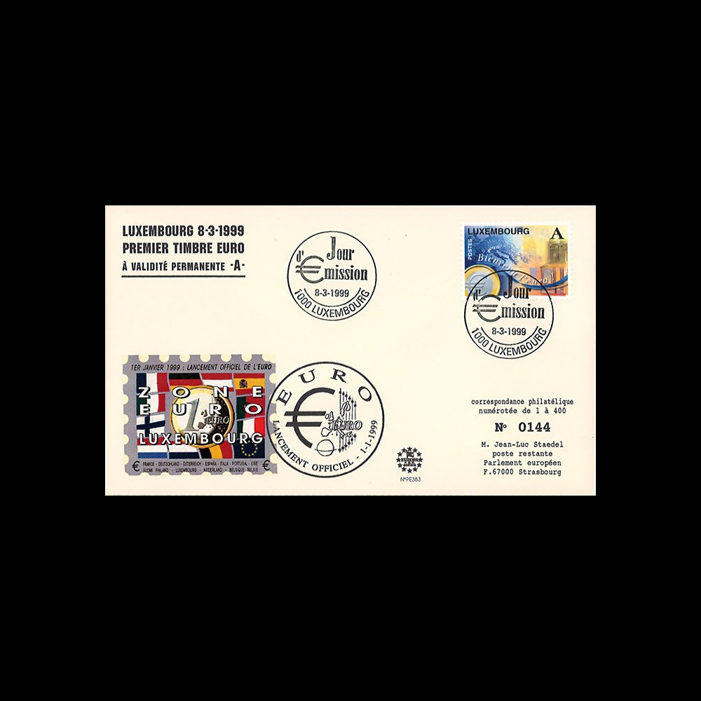 PE383 : 8.03.1999 - FDC Luxembourg "1er Jour du 1er timbre en Euro"