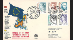 PE384 : 28.01.1999 - FDC Italie "1er Jour des premiers timbres en Euro"