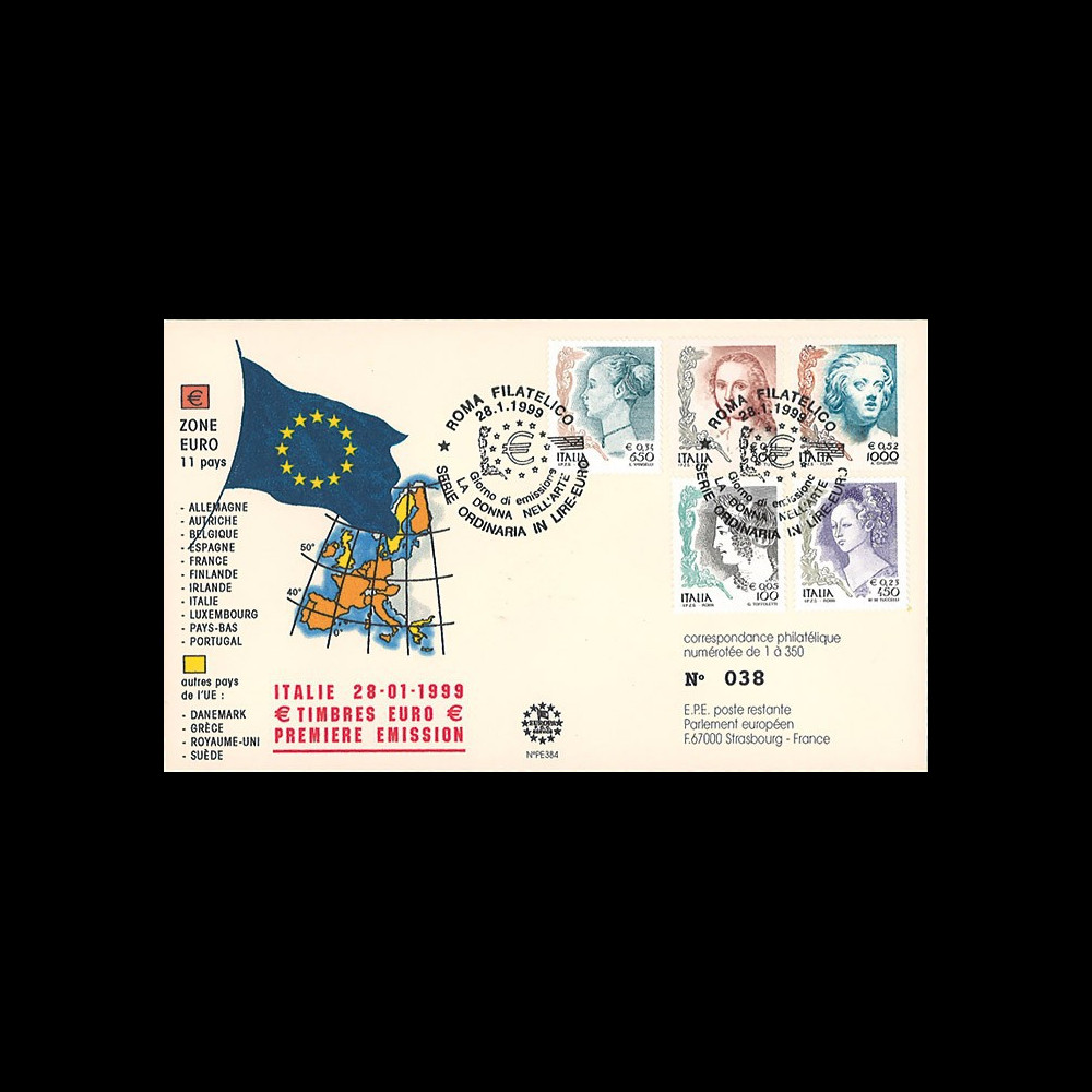 PE384 : 28.01.1999 - FDC Italie "1er Jour des premiers timbres en Euro"