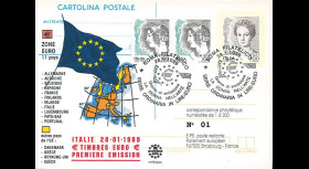 PE384A : 28.01.1999 - Entier postal (carte) Italie "1er Jour des premiers timbres en Euro"