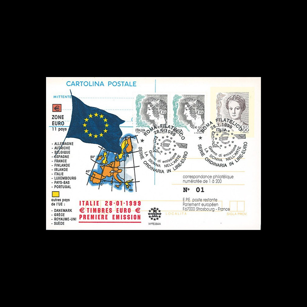 PE384A : 28.01.1999 - Entier postal (carte) Italie "1er Jour des premiers timbres en Euro"
