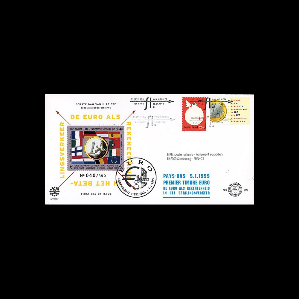 PE387 : 5.01.1999 - FDC Pays-Bas "1er Jour des 1ers timbres en Euro" - La Haye
