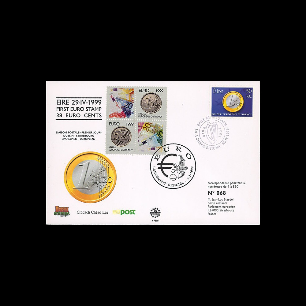 PE391 : 29.04.1999 - FDC Irlande "1er Jour du 1er timbre en Euro" - Dublin