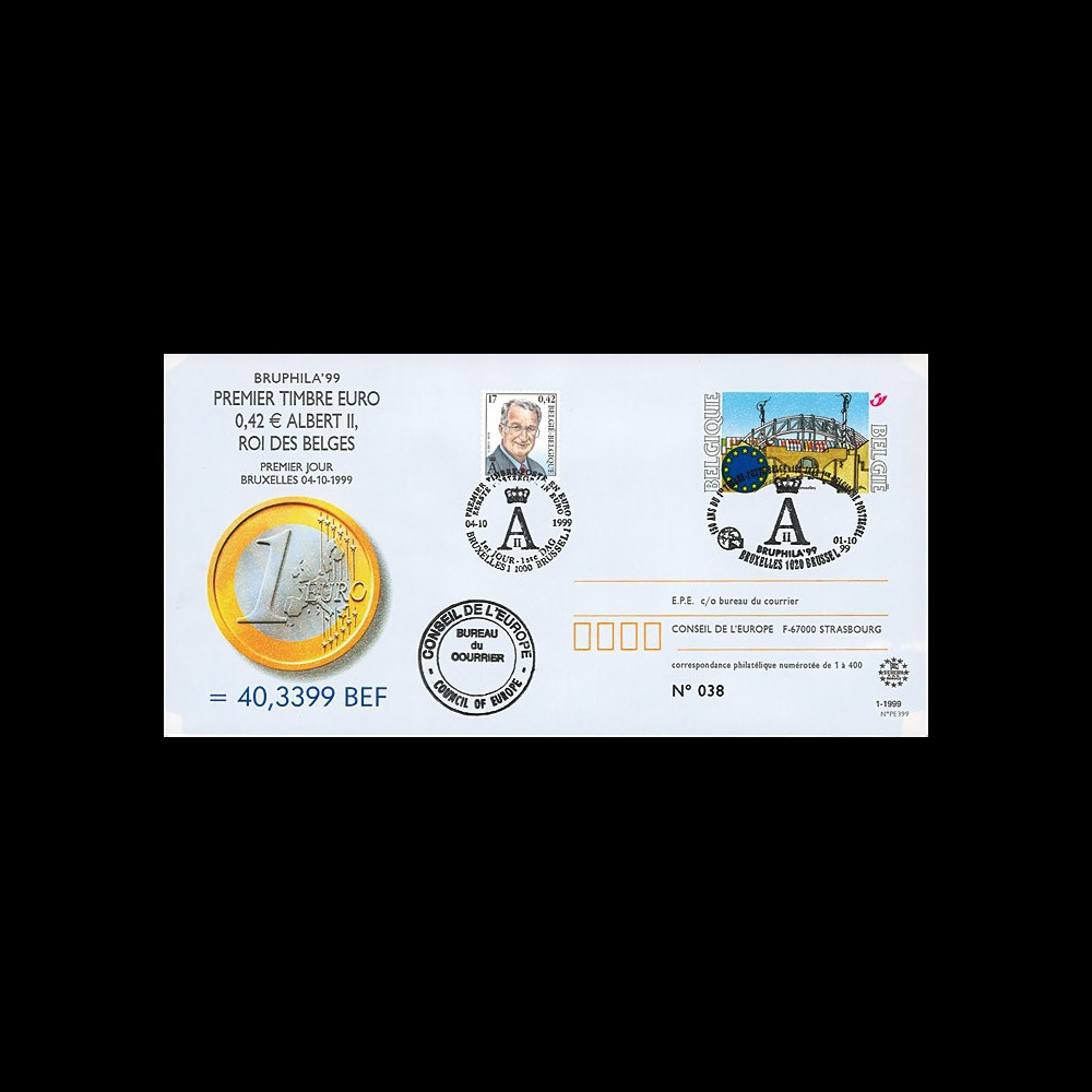 PE399 : 4.10.1999 - Entier postal Belgique "1er Jour du 1er timbre en Euro" - Bruxelles
