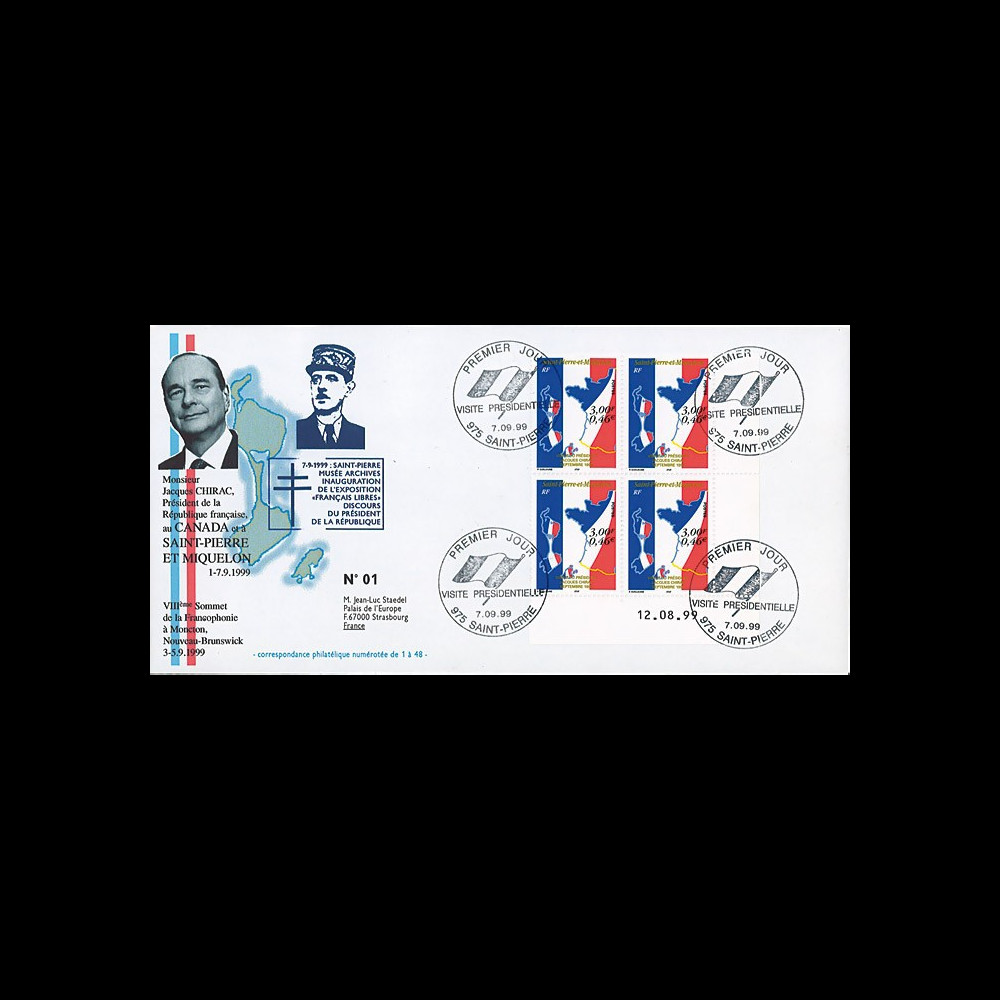 SP99-CH1A : 1999 - Env. St-Pierre-et-Miquelon 1er Jour 'Visite Chirac et 1er timbre en euro"