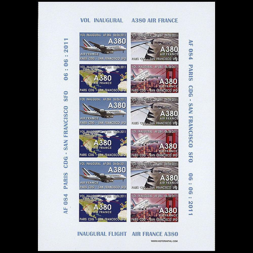 A380-135FND : 2011 - Feuillet 12 vignettes "A380 Air France - 1er Vol Paris-San Francisco"