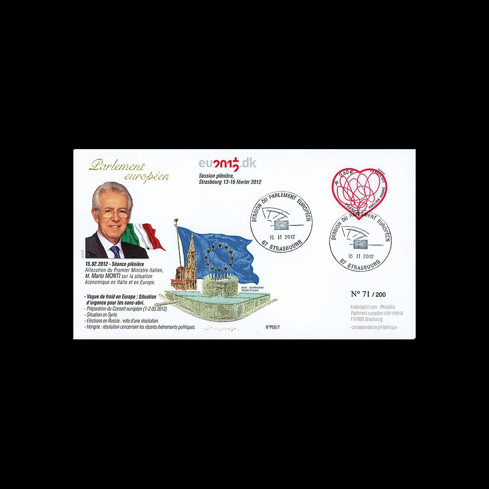 PE617 : 2012 - FDC Parlement européen "1er Ministre italien M. MONTI et froid en Europe"
