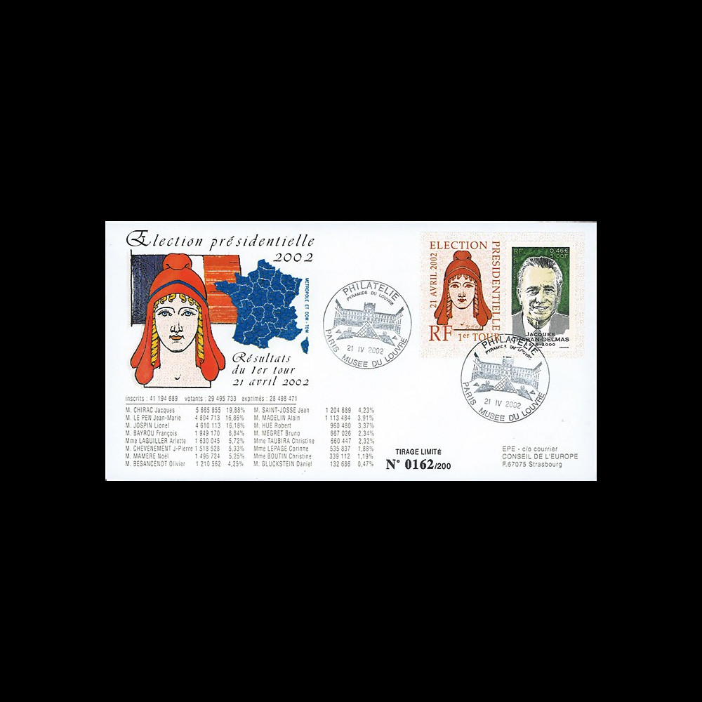 EP02-1T2 : 2002 - FDC "France Election Présidentielle 2002 - 1er TOUR" Paris Musée Louvre EP02-1T2 : 2002 - FDC "France Election Présidentielle 2002 - 1er TOUR" Paris Musée Louvre