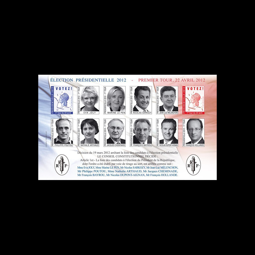 EP12-1FND : Feuillet 12 vignettes non-dentelées "Présidentielle 2012 - 1er TOUR / 10 Candidats"
