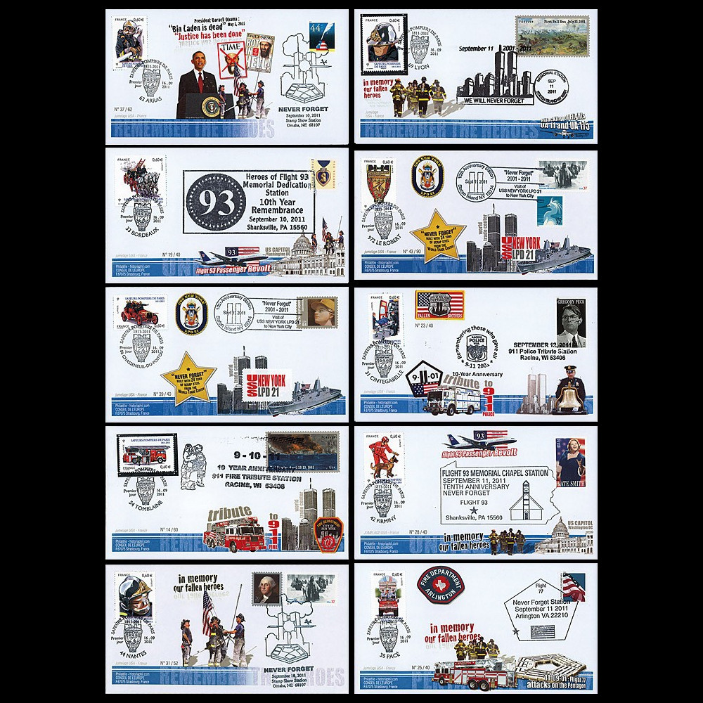 WT11-1/10 : 2011 - Série 10 FDC USA-FRANCE "10 ans Attentats 11 Septembre - Pompiers"